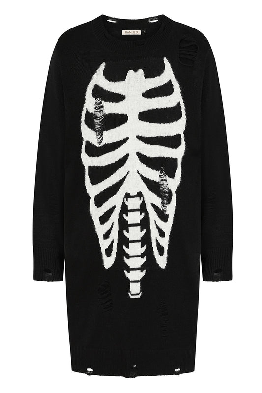 Gothic Melinoe Knit Dress featuring a striking white ribcage print on black fabric, longline silhouette with distressed details, perfect for a dark, sophisticated look.