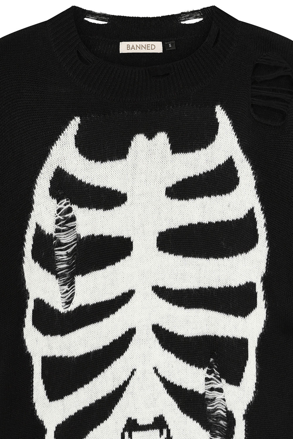 Gothic Melinoe Knit Dress featuring striking white ribcage print against a black background, showcasing a longline silhouette and distressed details for a luxuriously edgy look.