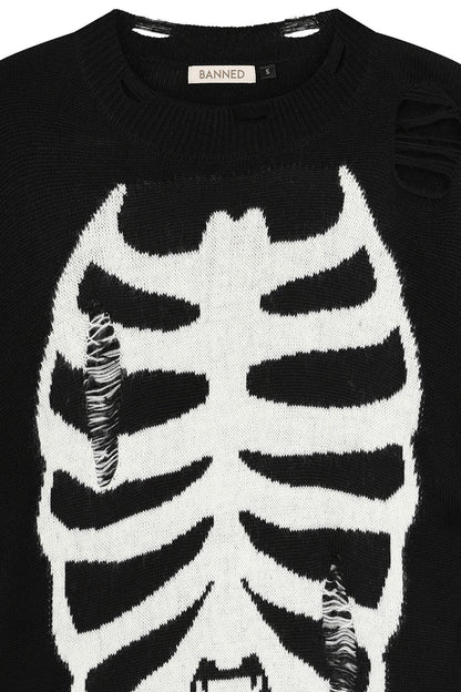 Gothic Melinoe Knit Dress featuring striking white ribcage print against a black background, showcasing a longline silhouette and distressed details for a luxuriously edgy look.