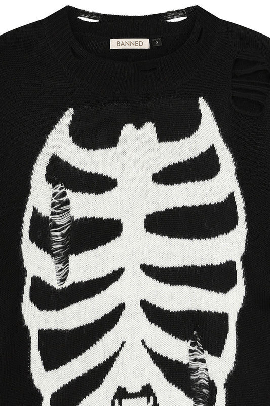 Gothic Melinoe Knit Dress featuring striking white ribcage print against a black background, showcasing a longline silhouette and distressed details for a luxuriously edgy look.