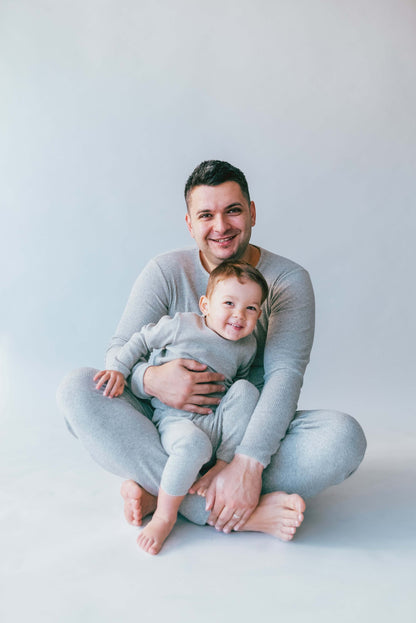 DreamBuy dove grey pyjamas set designed for the whole family, blending comfort and luxury with a chic long-sleeved blouse and drawstring pants.