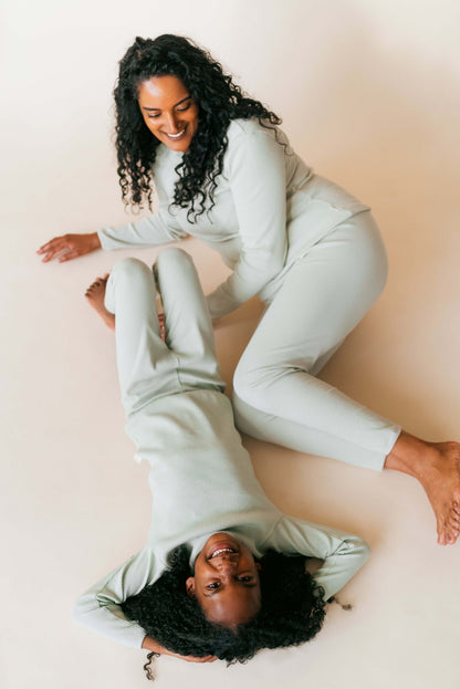 Close-up view of DreamBuy's Luxury Sage Adult Pyjama Set, highlighting the soft ribbed material and elastic waistband for added comfort.