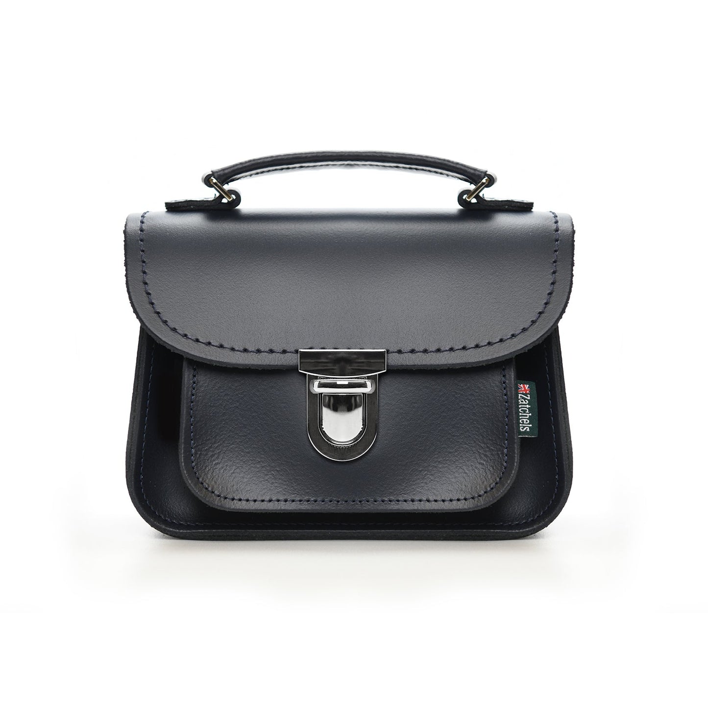 Luxury handmade navy leather Luna bag by Zatchels, featuring a chic design, push-lock clasp, and adjustable strap, perfect for stylish day-to-night transitions.