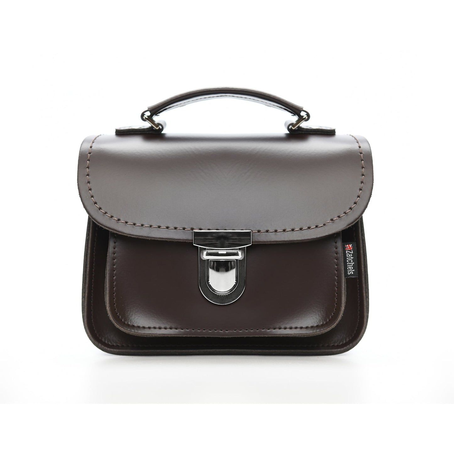 Luna Handmade Leather Bag in Dark Brown showcasing stylish push lock clasp and elegant top handle, perfect for sophisticated fashion enthusiasts.