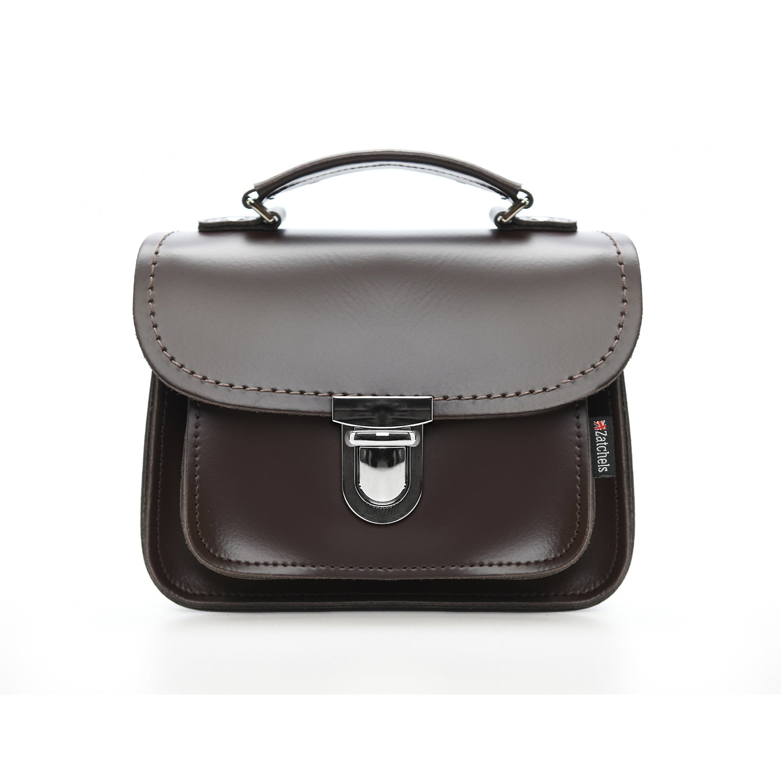 Luna Handmade Leather Bag in Dark Brown showcasing stylish push lock clasp and elegant top handle, perfect for sophisticated fashion enthusiasts.