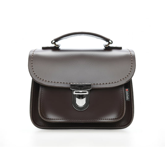 Luna Handmade Leather Bag in Dark Brown showcasing stylish push lock clasp and elegant top handle, perfect for sophisticated fashion enthusiasts.