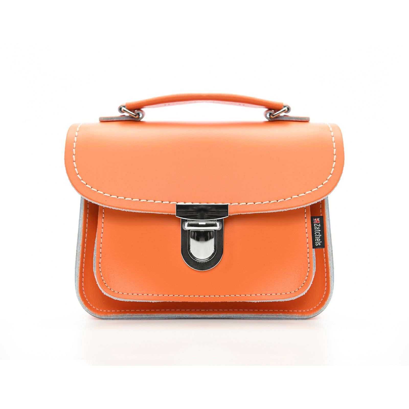 Luna Handmade Leather Bag in vibrant orange, showcasing its elegant design with adjustable strap and chic push lock clasp, perfect for stylish crossbody use.