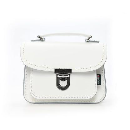 Elegant Luna Handmade White Leather Bag showcased in a stylish crossbody position, crafted from premium UK leather for the modern fashionista.