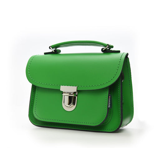 Close-up of the Luna Handmade Leather Bag in Elegant Green highlighting its luxurious craftsmanship and secure push lock clasp, perfect for a sophisticated accessory.