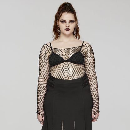 Elegant display of the Punk Rave Constance Top's unique hex net pattern, perfect for fashion-forward individuals seeking gothic sophistication.