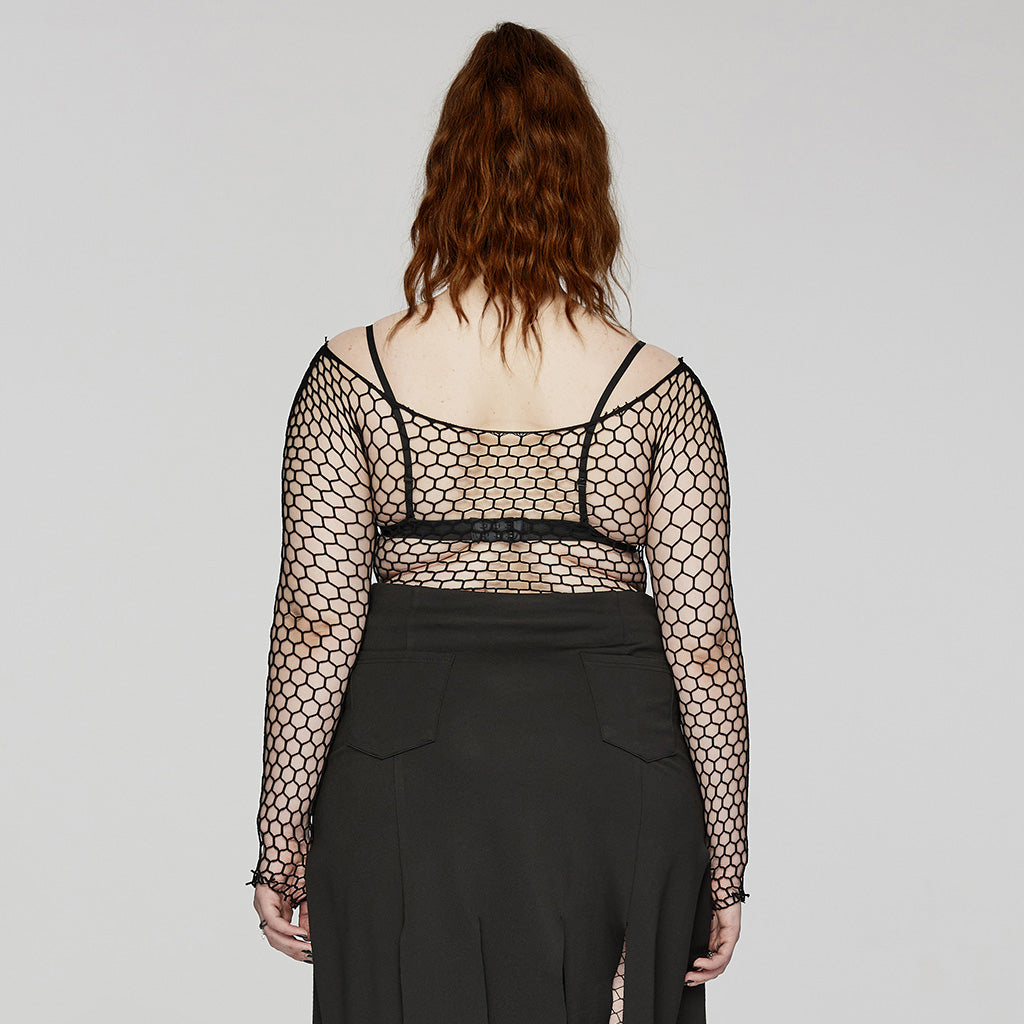 Punk Rave Constance Gothic Long Sleeve Top in plus size 16-24 featuring a stylish hex net design with a flattering boat neck, perfect for sophisticated gothic fashion lovers.