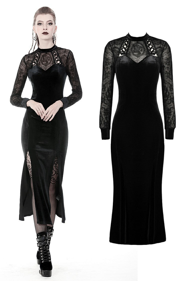 Elegant Dark In Love Lilja velvet lace dress showcasing intricate lace detailing and thigh-high slits, perfect for formal occasions.