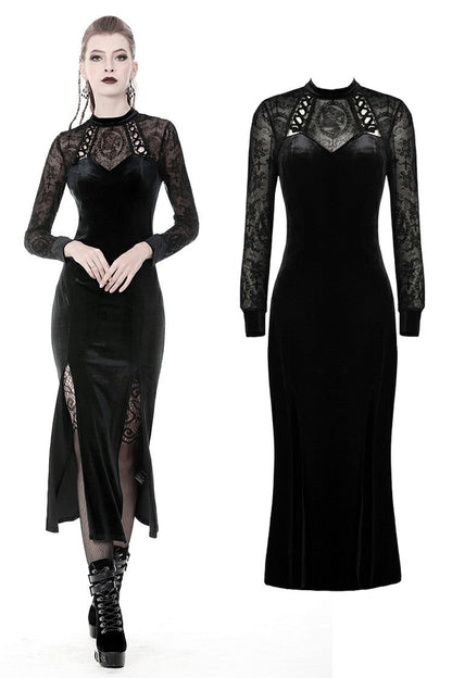 Elegant Dark In Love Lilja velvet lace dress showcasing intricate lace detailing and thigh-high slits, perfect for formal occasions.