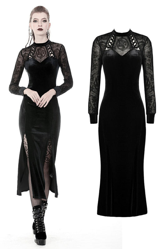 Elegant Dark In Love Lilja velvet lace dress showcasing intricate lace detailing and thigh-high slits, perfect for formal occasions.