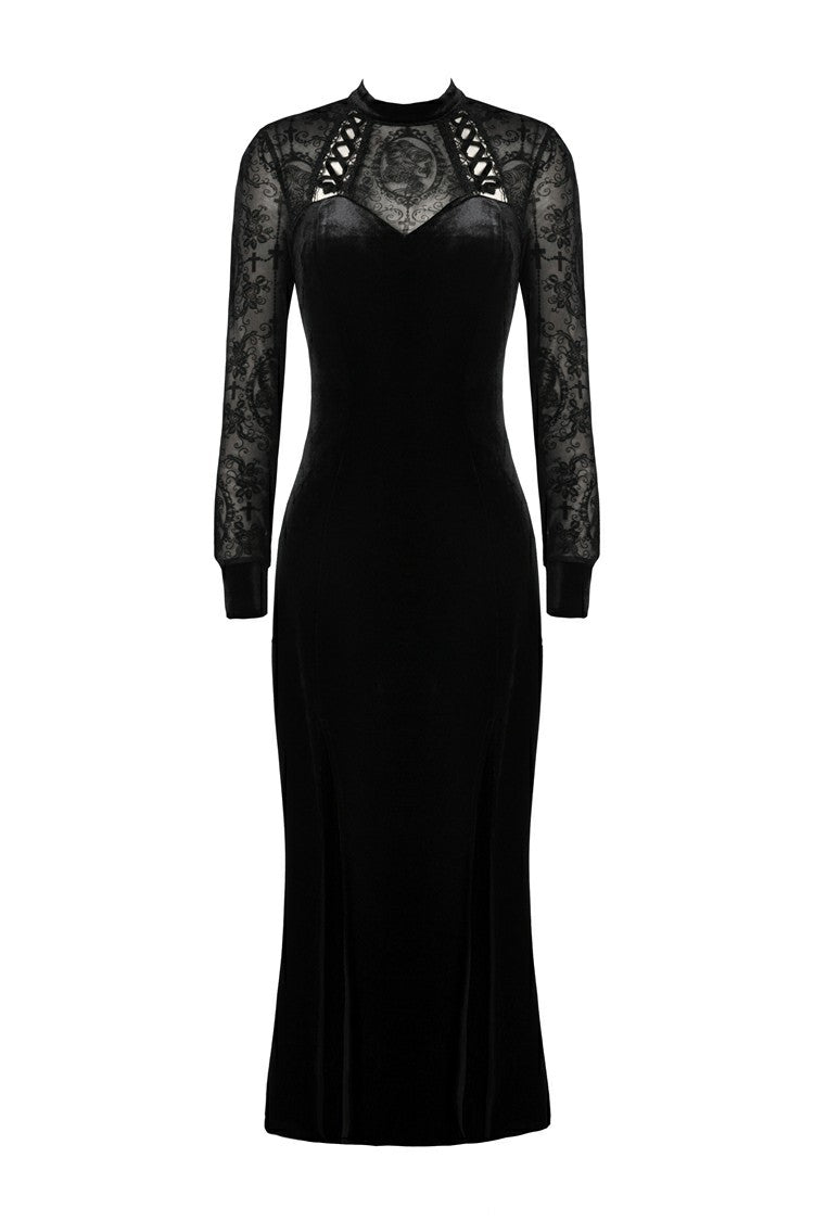 Back view of Dark In Love Lilja velvet lace dress highlighting the button closure and intricate lace detailing.
