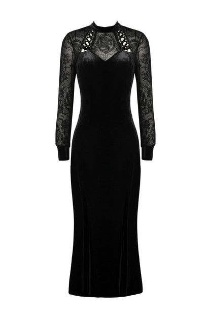 Back view of Dark In Love Lilja velvet lace dress highlighting the button closure and intricate lace detailing.