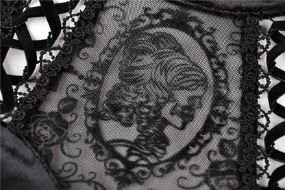 Elegant black velvet dress featuring delicate lace decolletage and long lace sleeves, designed by Dark In Love.