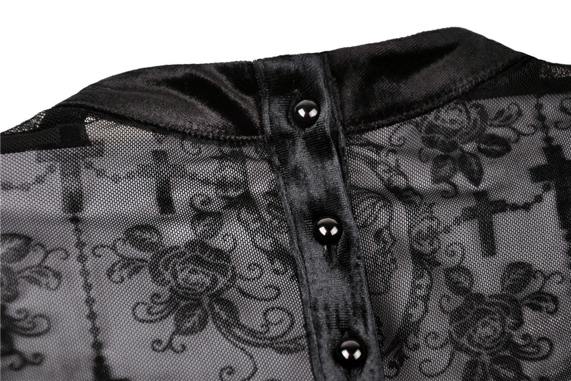 View showcasing the luxurious thigh-high slits on the Dark In Love Lilja velvet lace dress.