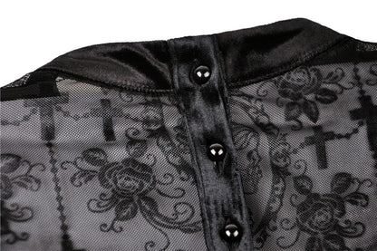 View showcasing the luxurious thigh-high slits on the Dark In Love Lilja velvet lace dress.