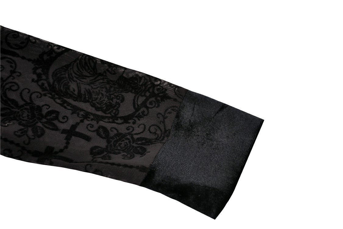 Model wearing the Dark In Love Lilja velvet lace dress with a captivating pose highlighting its elegant long sleeves.