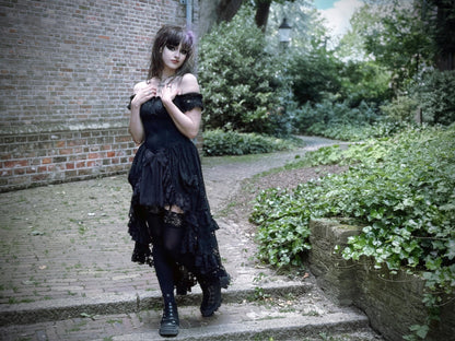Close-up detail of the lace-up back of the Dark In Love Lilinoe Off Shoulder Dress, highlighting its chic and sophisticated styling.