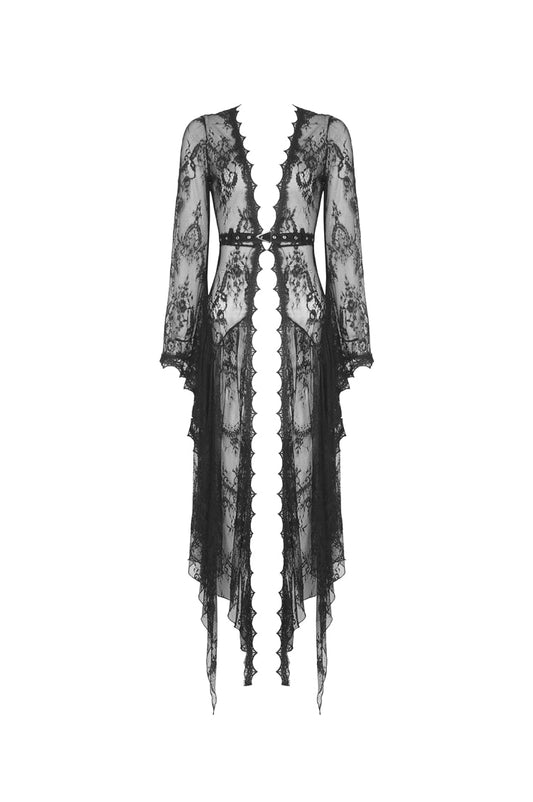 Dark In Love Larissa Lace Robe With Faux Suede Belt - Irregular Hemline & Long Bell Sleeves