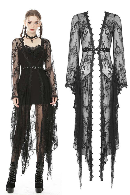 Dark In Love Larissa Lace Robe With Faux Suede Belt - Irregular Hemline & Long Bell Sleeves