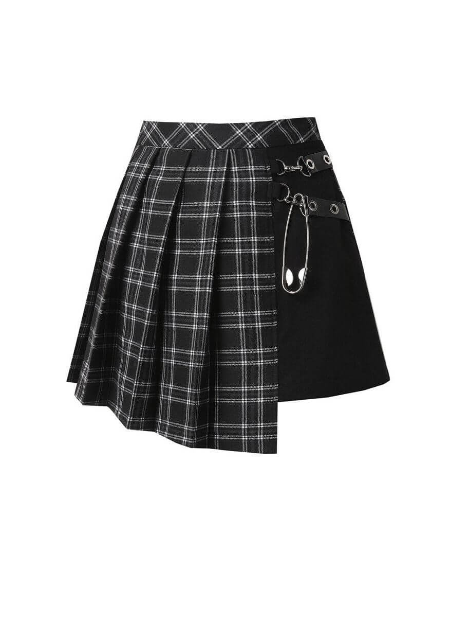 Chic Dark In Love Leah Mini Skirt - Black & White Tartan with Faux Leather Detail, Sizes 8-14