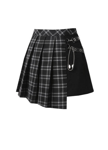 Chic Dark In Love Leah Mini Skirt - Black & White Tartan with Faux Leather Detail, Sizes 8-14