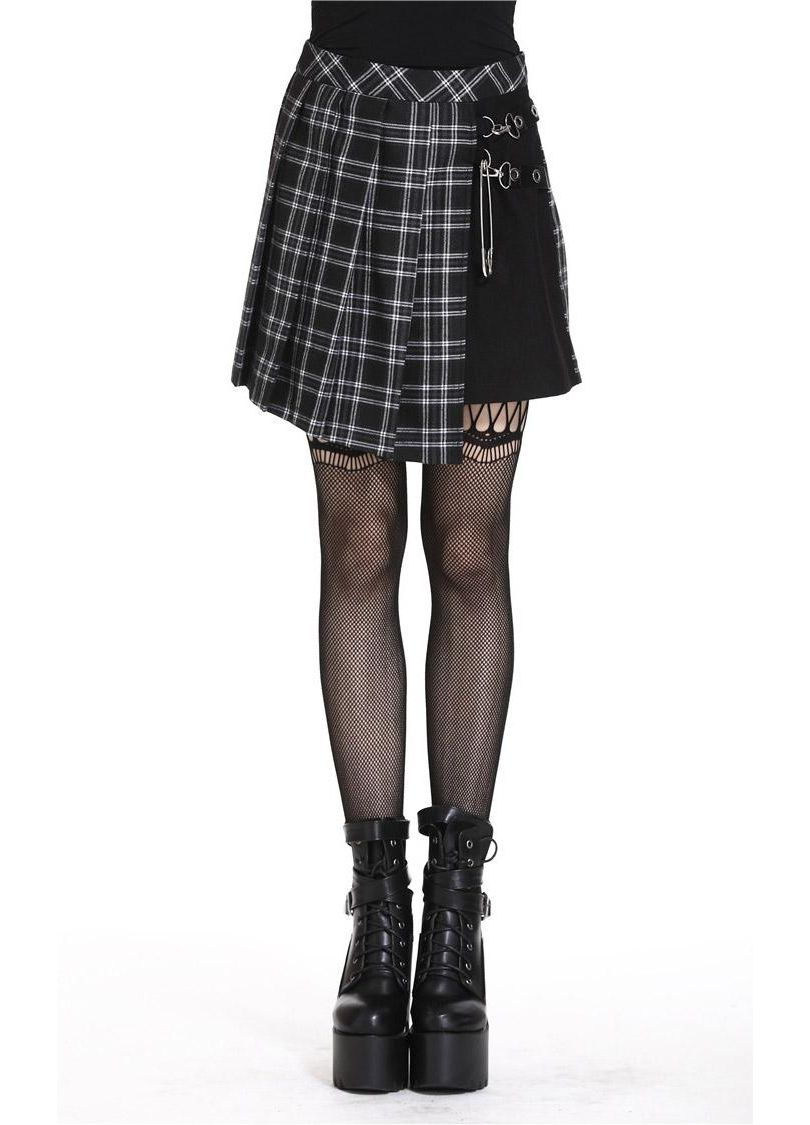 Chic Dark In Love Leah Mini Skirt - Black & White Tartan with Faux Leather Detail, Sizes 8-14