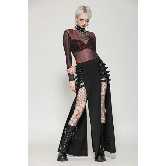 Close-up of the faux leather buckle straps on the Dark in Love Phoenix Maxi Skirt, highlighting the unique layered design and high-glamour goth aesthetic.