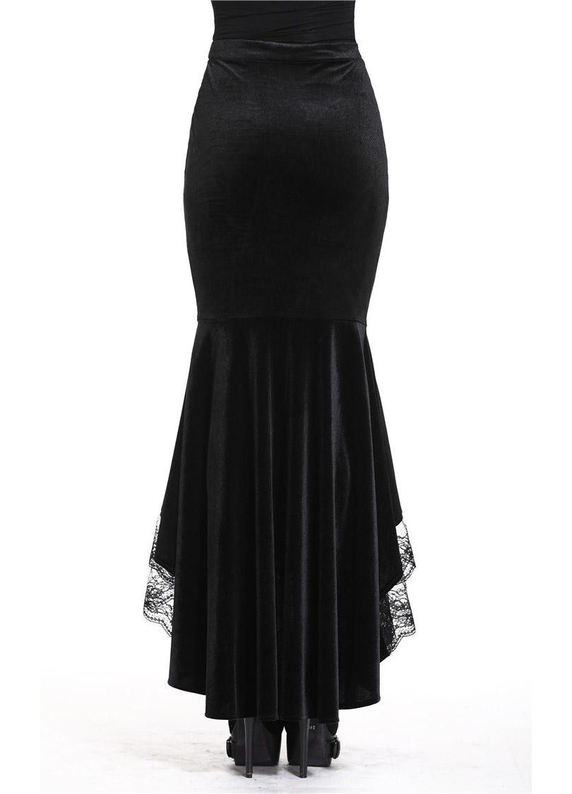 Dark In Love Cordelia Fishtail Skirt in Black Velvet with Lace Detailing - 42" Length