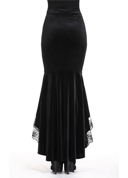 Dark In Love Cordelia Fishtail Skirt in Black Velvet with Lace Detailing - 42" Length