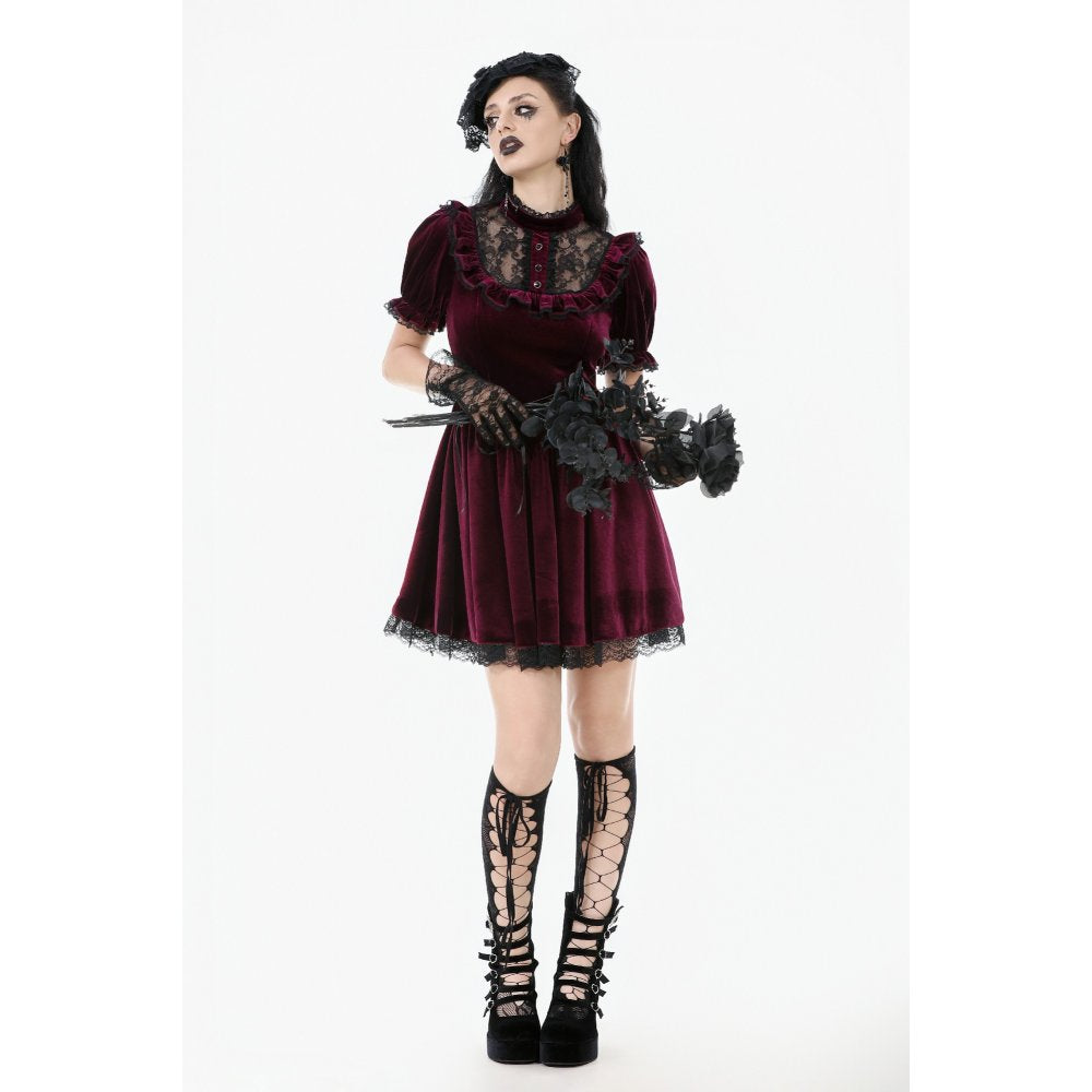 Luxurious burgundy velvet goth dress featuring a high lace collar and sheer yoke, perfect for gothic elegance.