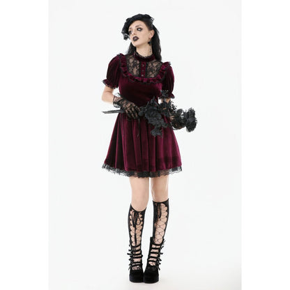 Luxurious burgundy velvet goth dress featuring a high lace collar and sheer yoke, perfect for gothic elegance.