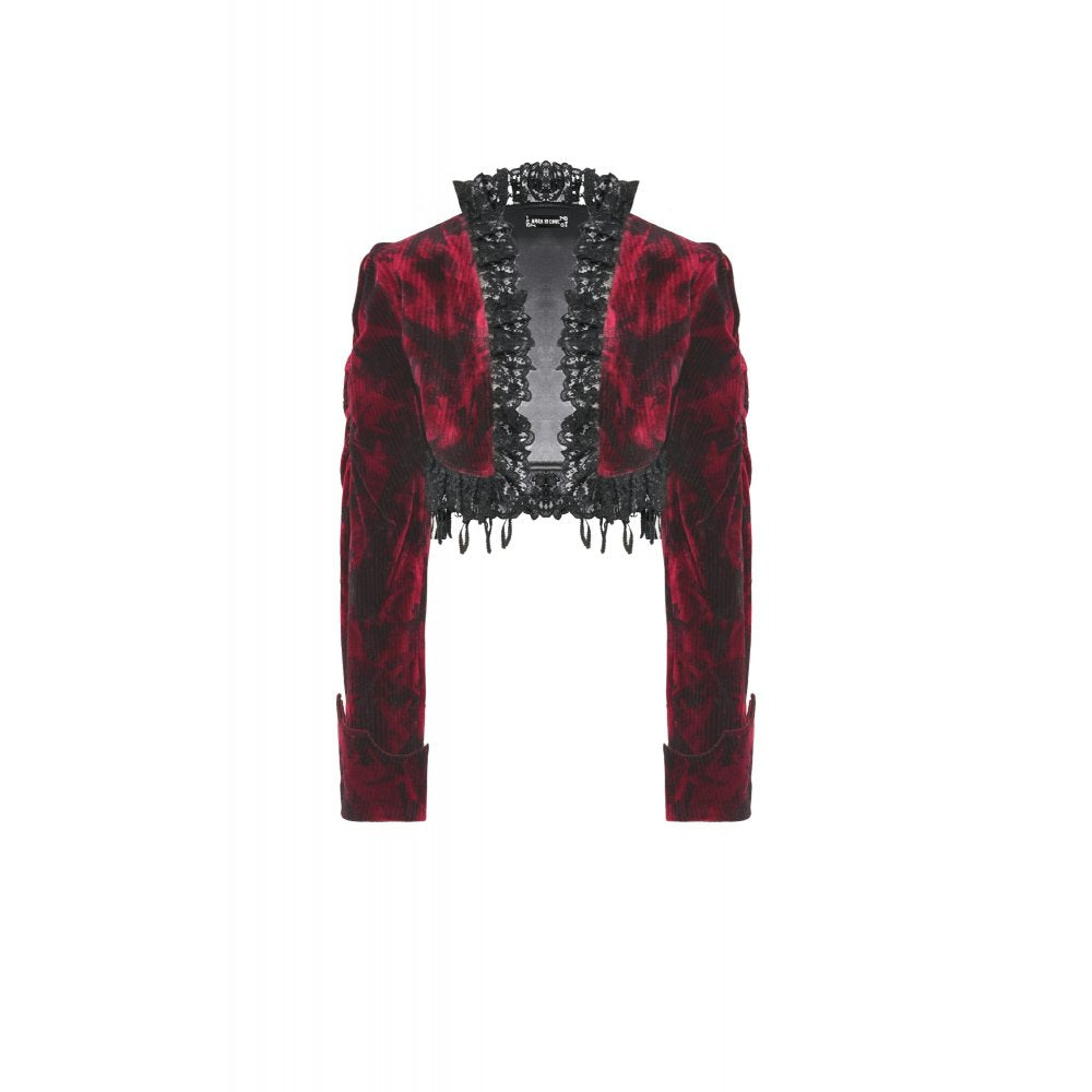 Luxury Black and Burgundy Velvet Tatiana Cropped Jacket by Dark in Love featuring intricate lace trim and elegant cuffs, perfect for stylish occasions.
