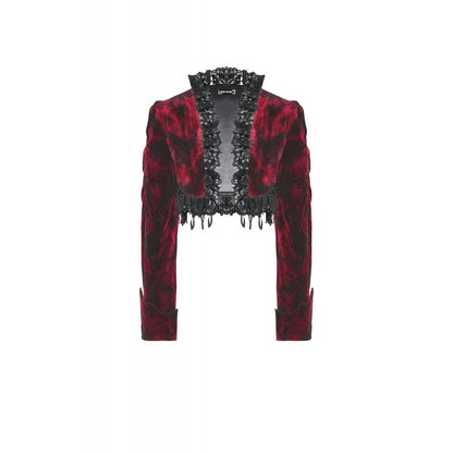 Luxury Black and Burgundy Velvet Tatiana Cropped Jacket by Dark in Love featuring intricate lace trim and elegant cuffs, perfect for stylish occasions.
