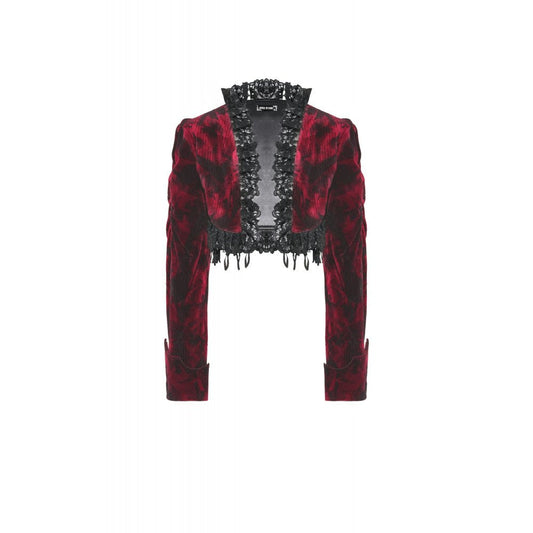 Luxury Black and Burgundy Velvet Tatiana Cropped Jacket by Dark in Love featuring intricate lace trim and elegant cuffs, perfect for stylish occasions.