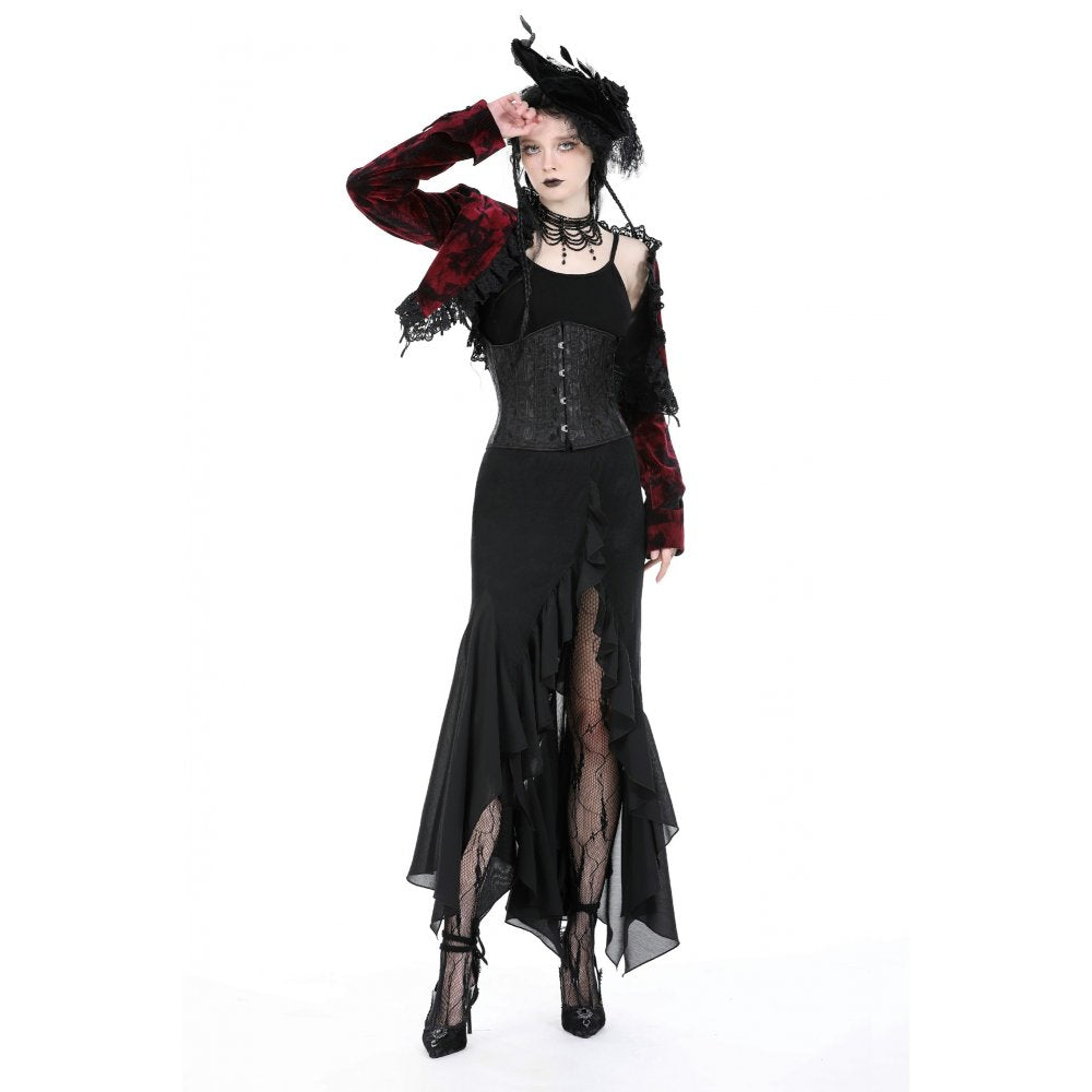 Luxury Black and Burgundy Velvet Tatiana Cropped Jacket with Lace Trim by Dark in Love, featuring an elegant design perfect for stylish outfits.