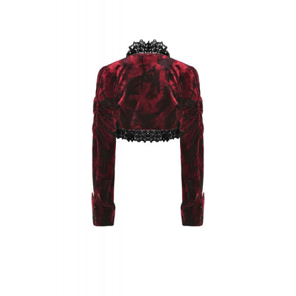 Close-up of the luxurious burgundy velvet fabric of the Tatiana Cropped Jacket, showcasing the sophisticated black print and delicate lace details.