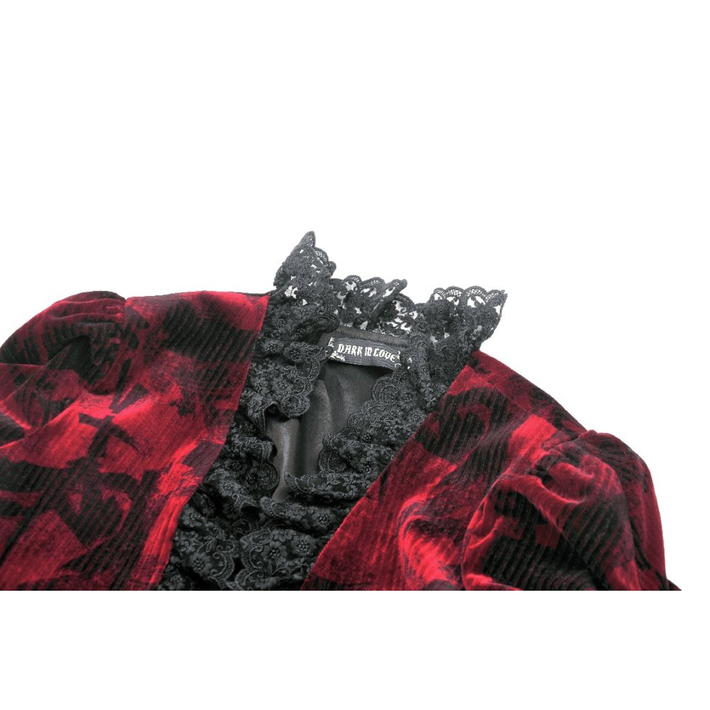 Luxury Black and Burgundy Velvet Tatiana Cropped Jacket showcasing intricate lace trim and cuffs against a stylish backdrop.