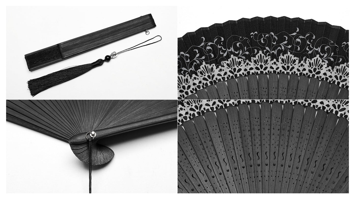 Close-up of the intricate design of the Punk Rave Delaney Hand Fan, showcasing its luxurious appeal and gothic aesthetic.