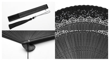Close-up of the intricate design of the Punk Rave Delaney Hand Fan, showcasing its luxurious appeal and gothic aesthetic.