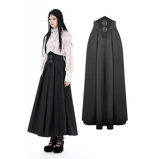 Elegant Dark In Love Lilith High Waist Pleated Maxi Skirt showcasing intricate embroidered waist and double buckle details, perfect for gothic elegance.