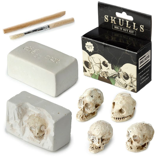 Gothic Skull Dig Kit with earthen block, digging tool, dusting brush, and tiny resin skull - perfect for enthusiasts of the macabre.