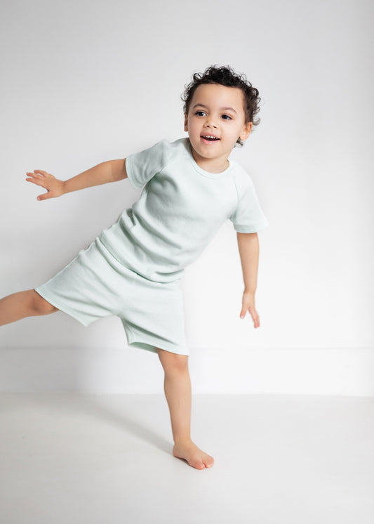 Luxurious Premium Unisex Mint Short Sleeve Cotton Set for Kids by DreamBuy, showcasing soft, breathable fabric perfect for summer.