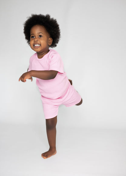 Luxury pink ballerina summer outfit set for kids by DreamBuy featuring soft ribbed cotton fabric, perfect for comfortable playtime.