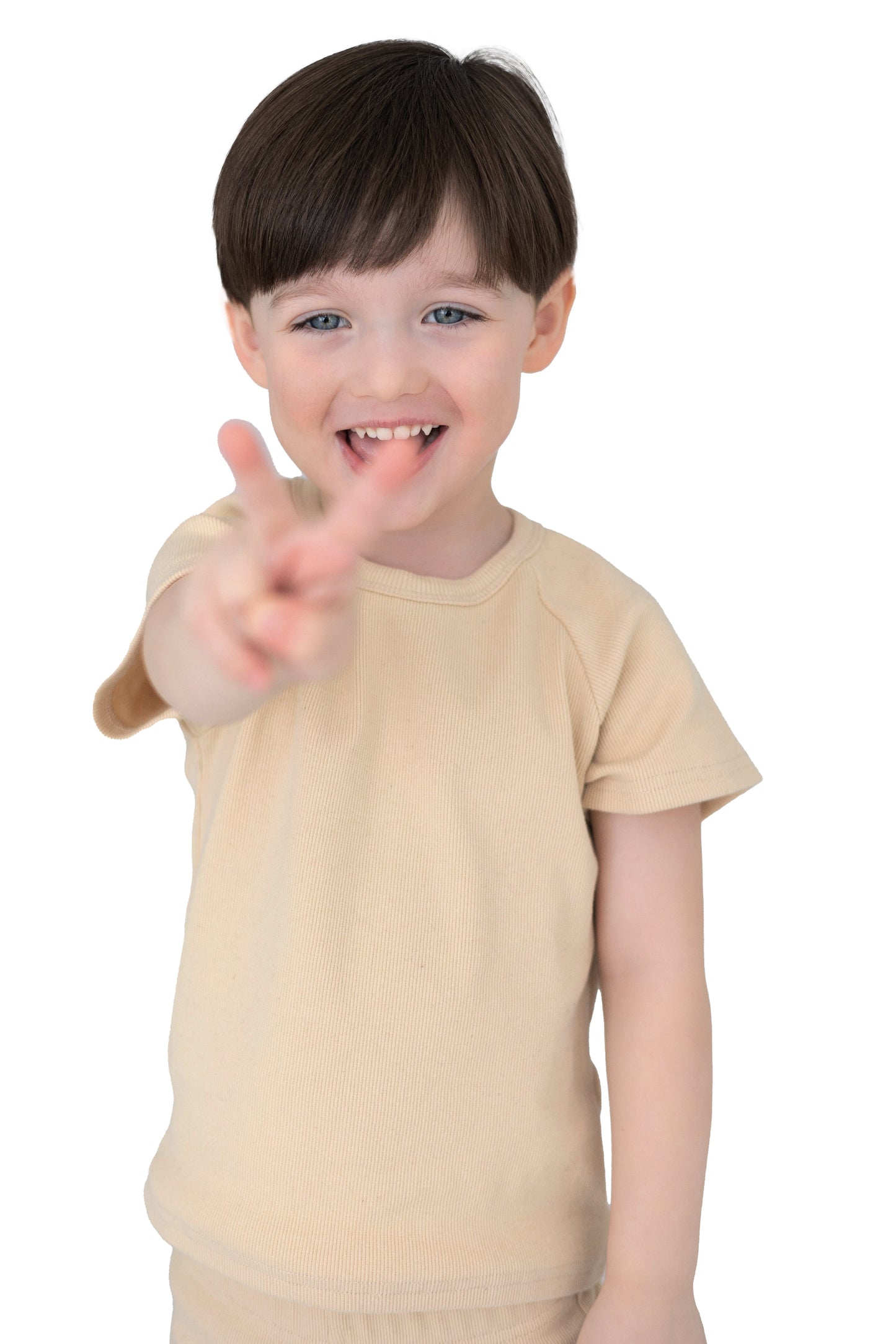 DreamBuy's stylish kids summer outfit, unisex design in Creme Brulee colour, perfect for playful days and photography.