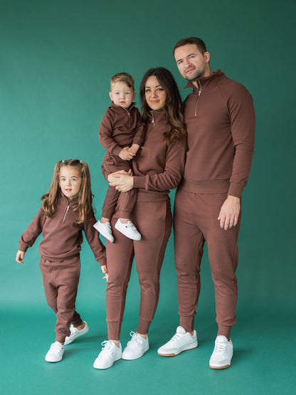Close-up view of DreamBuy's luxury walnut ribbed cotton fleeced tracksuit, highlighting its warm fleece material and stylish ribbed texture, perfect for all-day wear.