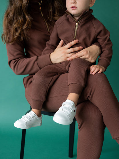 Luxury walnut ribbed cotton fleece tracksuit for kids aged 1-10 years, featuring a stylish design by DreamBuy, perfect for casual and athletic wear.